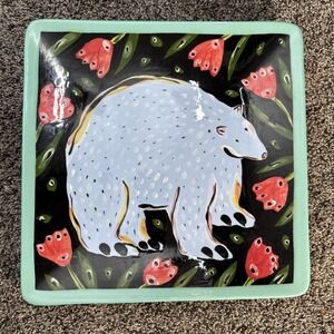 Droll Designs Hand Painted Decorative Square Plate - Bear & Flowers 11.25"